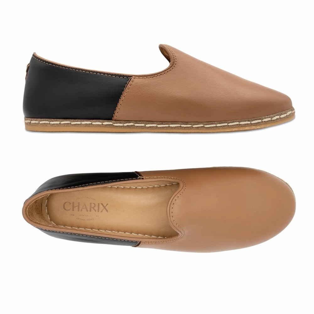 Charix Atelier Camel & Black Slip On Artisan Leather Flats Shoes Sz 37 US 7